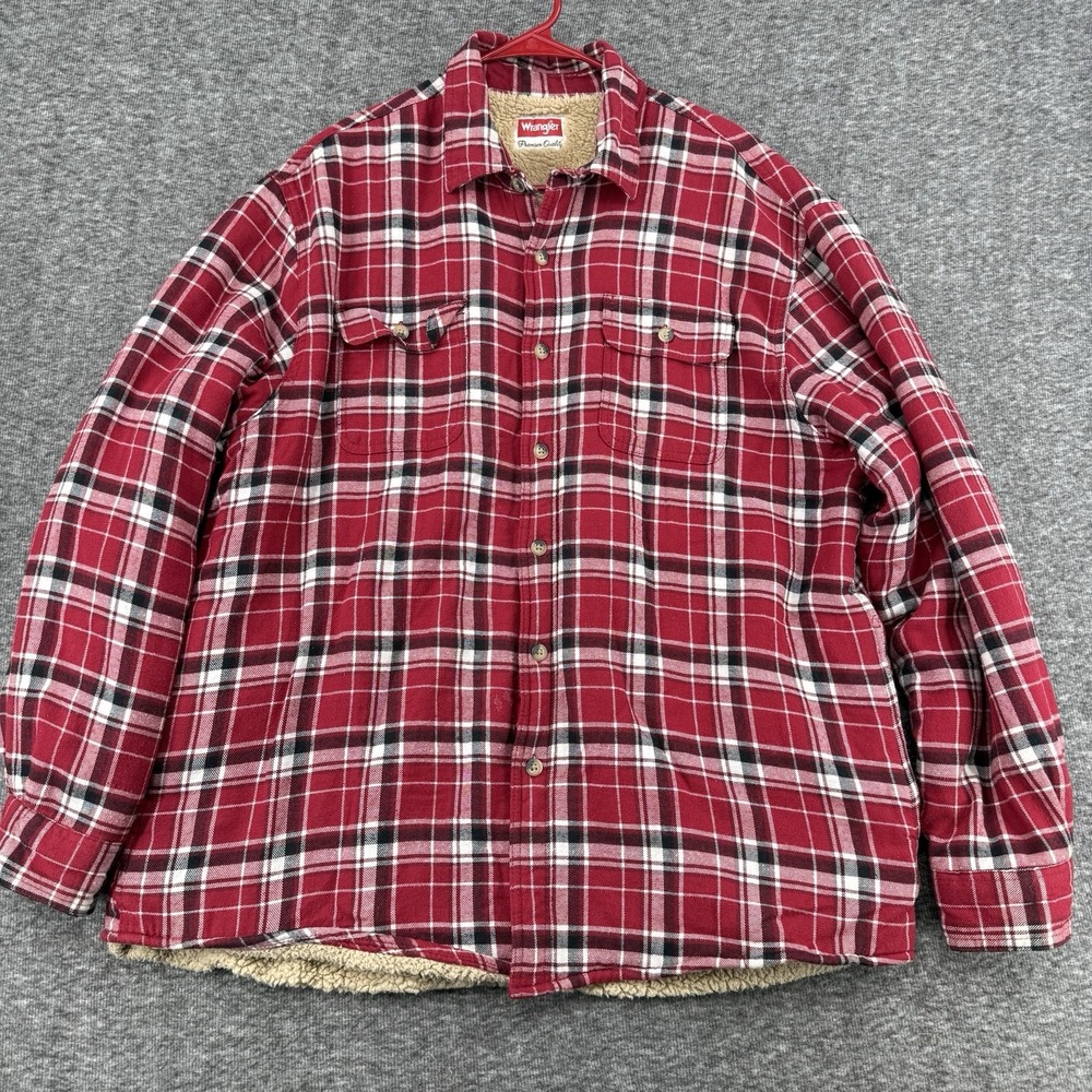 Wrangler Mens Sherpa Lined Flannel Shirt Jacket Red Plaid Button Up Shacket XL